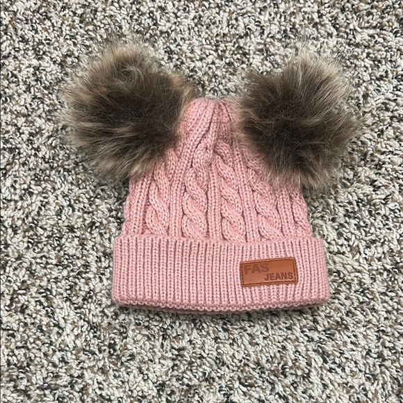 Pink Knit Kids Beanie with Faux Fur Pom Poms - Picture 1 of 4